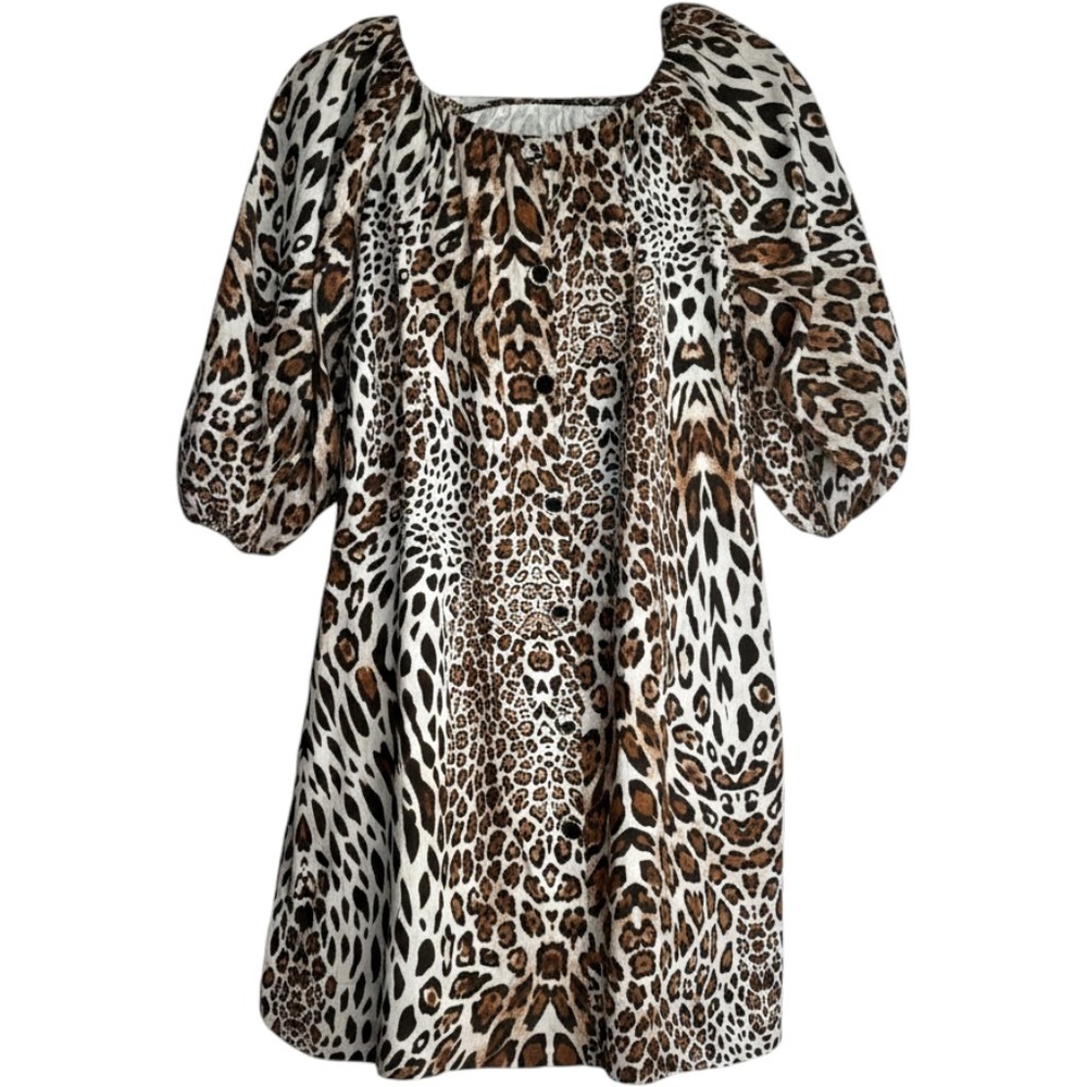 Tara Jarmon Paris Roma Cheetah Puff Sleeve Button Up Dress 10 12 14 L XL $445